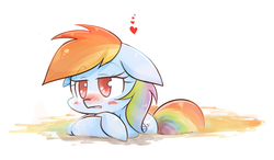 Size: 1200x700 | Tagged: safe, artist:joycall6, rainbow dash, g4, blushing, crossed hooves, female, heart, lidded eyes, relaxing, solo