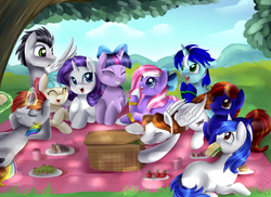 Size: 3509x2550 | Tagged: safe, artist:pridark, coco pommel, rarity, twilight sparkle, oc, alicorn, pony, g4, blushing, female, hair bow, high res, levitation, magic, mare, picnic, twilight sparkle (alicorn)