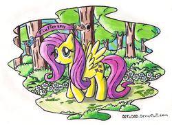 Size: 1402x1022 | Tagged: safe, artist:quarium, fluttershy, bird, g4, female, forest, solo