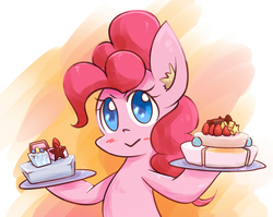 Size: 879x700 | Tagged: safe, artist:joycall6, pinkie pie, earth pony, pony, g4, bipedal, cake, ear fluff, female, looking at you, simple background, solo