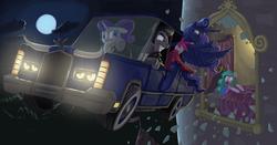 Size: 1209x632 | Tagged: safe, artist:mick-o-maikeru, princess celestia, princess luna, rarity, oc, oc:sketchy, g4, broken window, car, clothes, flying car, grease, jacket, leather jacket, lincoln (car), moon, night, ponytail, shocked, skirt