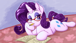 Size: 2400x1350 | Tagged: safe, artist:latecustomer, rarity, pony, unicorn, g4, bed, book, drawing, female, glasses, mare, mouth hold, pencil, prone, solo, wallpaper, working