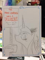 Size: 768x1024 | Tagged: safe, artist:andypriceart, princess luna, pony, g4, andy you magnificent bastard, blatant lies, conspiracy, female, hoax, moon landing, sign, solo, traditional art, word of price