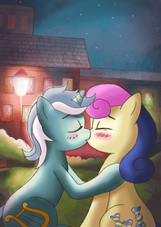 Size: 2480x3507 | Tagged: safe, artist:corina93, bon bon, lyra heartstrings, sweetie drops, earth pony, pony, unicorn, g4, blushing, cute, daaaaaaaaaaaw, duo, eyes closed, female, high res, kiss on the lips, kissing, lesbian, mare, night, park, ship:lyrabon, shipping, streetlight