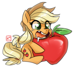 Size: 600x541 | Tagged: safe, artist:radioactive-k, applejack, pony, g4, apple, chipped tooth, cute, drool, female, jackabetes, open mouth, simple background, sitting, solo, that pony sure does love apples