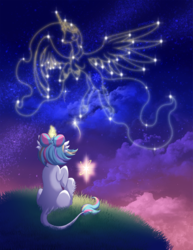 Size: 1197x1549 | Tagged: safe, artist:jewlecho, princess celestia, oc, oc:lorelei, classical unicorn, g4, constellation, horn, leonine tail, stargazing