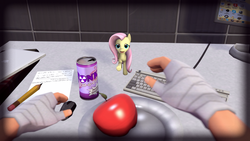 Size: 1024x576 | Tagged: artist needed, source needed, safe, fluttershy, g4, 3d, crit-a-cola, crossover, gmod, note, scout (tf2), small, team fortress 2