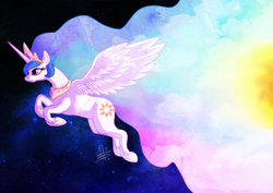 Size: 1280x908 | Tagged: safe, artist:thepipefox, princess celestia, g4, day, female, flying, night, solo, sun