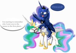 Size: 4672x3264 | Tagged: safe, artist:shadeila, princess celestia, princess luna, alicorn, pony, g4, bit gag, bridle, celestia is not amused, duo, floppy ears, frown, gag, luna riding celestia, open mouth, ponies riding ponies, reins, riding, siblings, simple background, sisters, smiling, this will end in tears and/or a journey to the moon, unamused