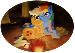 Size: 5480x3880 | Tagged: safe, artist:shadeila, applejack, rainbow dash, g4, absurd resolution, campfire, camping, fanfic art, female, forest, lesbian, night, ship:appledash, shipping