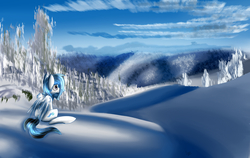 Size: 1900x1200 | Tagged: safe, artist:infernal69, oc, oc only, oc:ice dreams, pegasus, pony, cloud, drawing, mountain, potato, scenery, sky, snow, tree, winter