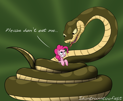 Size: 2751x2254 | Tagged: safe, artist:idontrunntoofast, pinkie pie, earth pony, pony, snake, g4, dialogue, duo, female, high res, imminent vore, mare, pinkie prey