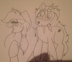 Size: 640x548 | Tagged: safe, artist:wolffnoelle, applejack, prince blueblood, g4, blushing, female, male, missing cutie mark, pencil drawing, ship:bluejack, shipping, sketch, straight, traditional art