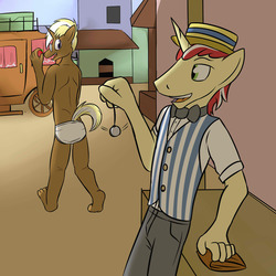 Size: 1280x1280 | Tagged: safe, artist:fuzebox, flim, trenderhoof, earth pony, unicorn, anthro, plantigrade anthro, g4, ass, barefoot, bowtie, briefs, butt, carriage, clothes, feet, glasses, hypnosis, male, pendulum swing, swindle, tighty whities, topless, underwear, vest, wallet, watch