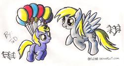 Size: 1098x582 | Tagged: dead source, safe, artist:quarium, derpy hooves, dinky hooves, pegasus, pony, g4, balloon, equestria's best daughter, equestria's best mother, female, flying, mare
