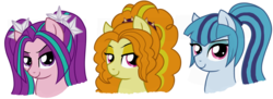 Size: 1280x464 | Tagged: safe, artist:tambelon, adagio dazzle, aria blaze, sonata dusk, ambiguous species, pony, equestria girls, g4, my little pony equestria girls: rainbow rocks, bust, equestria girls ponified, lidded eyes, looking at you, ponified, portrait, simple background, the dazzlings, transparent background, trio