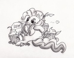 Size: 2433x1921 | Tagged: safe, artist:holyhell111, pinkie pie, earth pony, pony, g4, candy, cupcake, desserts, female, food, lollipop, monochrome, solo, sweets, traditional art