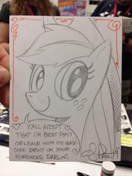 Size: 768x1024 | Tagged: safe, artist:andypriceart, applejack, earth pony, pony, g4, andy you magnificent bastard, best pony, cowboy hat, female, hat, heart, looking at you, pencil drawing, smiling, solo, speech bubble, traditional art, word of god, word of price