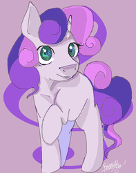 Size: 946x1200 | Tagged: safe, artist:thelittledixie, sweetie belle, pony, unicorn, g4, female, filly, looking at you, music notes, raised hoof, signature, smiling, solo, wingding eyes