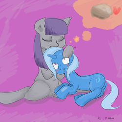 Size: 1280x1280 | Tagged: safe, artist:tunairs, maud pie, trixie, g4, blushing, female, heart, hug, lesbian, ship:mauxie, shipping