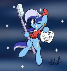Size: 1900x2000 | Tagged: safe, artist:lightningnickel, minuette, pony, unicorn, g4, bipedal, chip skylark, cute, earring, grin, looking at you, microphone, my shiny teeth and me, open mouth, shiny, shiny teeth, smiling, sparkles, the fairly oddparents, toothbrush, wink