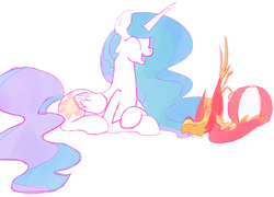Size: 1224x883 | Tagged: safe, artist:tanmansmantan, philomena, princess celestia, alicorn, phoenix, pony, g4, ^^, ball, cute, cutelestia, duo, eyes closed, falling, happy, laughing, lying down, missing accessory, simple background, white background
