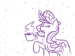 Size: 800x600 | Tagged: safe, artist:tanmansmantan, rarity, pony, unicorn, g4, cape, clothes, coffee, eyes closed, female, hat, monochrome, mug, raised hoof, solo, winter