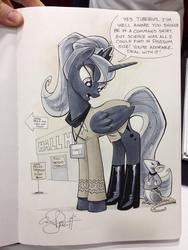 Size: 852x1136 | Tagged: safe, artist:andypriceart, princess luna, tiberius, alicorn, mouse, pony, g4, alternate hairstyle, andy you magnificent bastard, annoyed, boots, bun, clothes, convention, cosplay, costume, duo, frown, glare, hair bun, hall h, james t kirk, looking down, open mouth, phaser, pun, san diego comic con, shirt, speech bubble, spock, star trek, star trek (tos), starfleet, type ii phaser (tos), uniform, visual pun