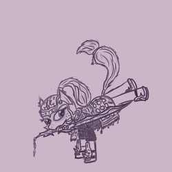 Size: 600x600 | Tagged: safe, artist:tanmansmantan, applejack, earth pony, pony, g4, armor, bucking, crossover, female, final fantasy, monochrome, mouth hold, solo, style emulation, sword, weapon, yoshitaka amano