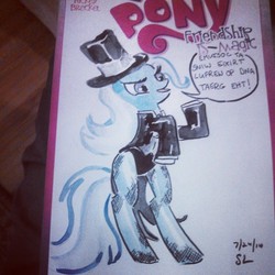 Size: 640x640 | Tagged: safe, artist:escapepodcomics, trixie, pony, g4, backwards, bipedal, dc comics, female, parody, photo, solo, traditional art, zatanna