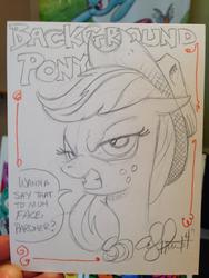 Size: 768x1024 | Tagged: safe, artist:andy price, applejack, g4, accent, angry, background pony, background pony applejack, ears back, female, looking at you, sketch, solo, traditional art