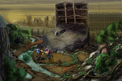 Size: 900x600 | Tagged: safe, artist:pantzar, oc, oc only, oc:alloy shaper, oc:grit, pony, unicorn, fallout equestria, fallout equestria: wasteland economics, commission, roots, ruins, scenery, water