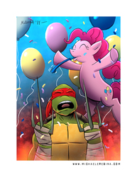 Size: 600x779 | Tagged: safe, artist:mregina, pinkie pie, g4, confetti, crossover, party horn, raphael, teenage mutant ninja turtles, tmnt 2012