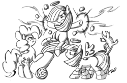 Size: 1280x835 | Tagged: safe, artist:quarium, gummy, limestone pie, marble pie, pinkie pie, g4, monochrome, party cannon