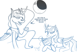 Size: 1250x833 | Tagged: safe, artist:midnightsix3, princess luna, twilight sparkle, alicorn, pony, lunadoodle, g4, book, curved horn, female, horn, magic, mare, moon, telekinesis, twilight sparkle (alicorn)