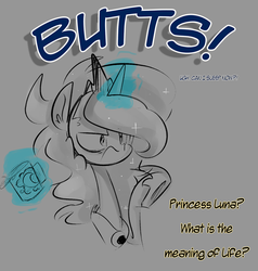 Size: 1280x1347 | Tagged: safe, artist:jankrys00, princess luna, alicorn, pony, lunadoodle, g4, butts, cup, female, gray background, magic, simple background, solo, telekinesis