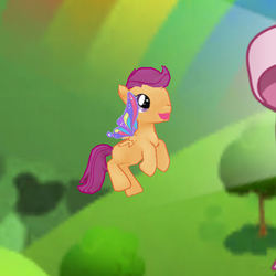 Size: 640x640 | Tagged: safe, gameloft, screencap, scootaloo, pegasus, pony, g4, butterfly wings, clear the skies, female, glimmer wings, scootaloo can't fly, solo