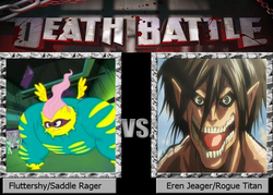 Size: 1008x720 | Tagged: safe, fluttershy, saddle rager, g4, attack on titan, death battle, eren jaeger, exploitable meme, meme, power ponies, rogue titan