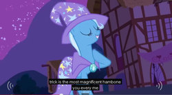 Size: 633x350 | Tagged: safe, screencap, trixie, pony, unicorn, boast busters, g4, female, mare, meme, night, solo, youtube caption