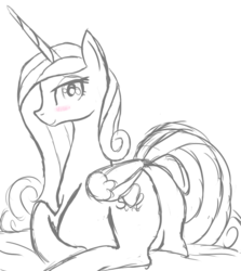 Size: 693x778 | Tagged: safe, artist:patch, princess cadance, g4, belly, blushing, butt, female, looking at you, looking back, lovebutt, monochrome, plot, pregnant, prone, sketch, smiling, solo