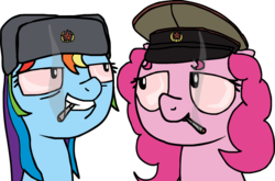 Size: 1051x695 | Tagged: safe, artist:coinpo, pinkie pie, rainbow dash, pony, g4, bust, drug use, duo, hat, marijuana, pinkie puff, rainbow hash, russian, russian hat, smoking, ushanka