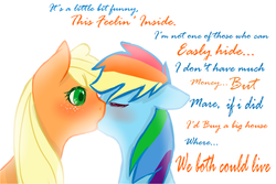 Size: 1024x683 | Tagged: safe, artist:amaya-loves-you, applejack, rainbow dash, g4, blushing, ellie goulding, female, lesbian, ship:appledash, shipping, song reference, surprised, your song