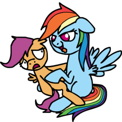 Size: 1214x1216 | Tagged: safe, artist:coinpo, rainbow dash, scootaloo, pegasus, pony, g4, bad touch, bedroom eyes, eyes on the prize, female, filly, floppy ears, foal, imminent rape, implied rape, lesbian, mare, mare on filly, open mouth, ship:scootadash, shipping, simple background, smiling, this will end in jail time, tongue out, transparent background, wide eyes, wingboner