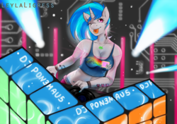 Size: 1280x900 | Tagged: safe, artist:leylaligress, dj pon-3, vinyl scratch, anthro, g4, female, solo, turntable