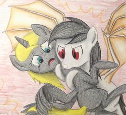 Size: 936x854 | Tagged: safe, artist:thefriendlyelephant, oc, oc only, alicorn, pony, vampony, alicorn oc, bat wings, bite mark, biting, corrupted, dramatic, duo, traditional art, wings