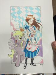 Size: 768x1024 | Tagged: safe, artist:tony fleecs, derpy hooves, pegasus, pony, g4, alice, alice liddell, alice: madness returns, crossover, female, mare, muffin, traditional art