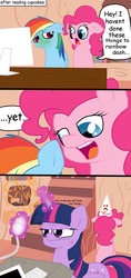 Size: 900x1900 | Tagged: safe, artist:tralalayla, applejack, pinkie pie, rainbow dash, twilight sparkle, alicorn, earth pony, pegasus, pony, fanfic:cupcakes, g4, bad pinkie, comic, computer, dialogue, dunce hat, female, floppy ears, golden oaks library, hat, levitation, magic, mare, offscreen character, sad, telekinesis, this is why we can't have nice things, time out, twilight sparkle (alicorn), twilight sparkle is not amused, unamused