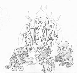 Size: 2080x1968 | Tagged: dead source, safe, artist:cross_ornstein, applejack, fluttershy, octavia melody, rarity, zergling, g4, archon, chibi, gun, monochrome, rifle, sniper rifle, starcraft, weapon