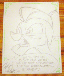 Size: 613x736 | Tagged: safe, artist:andypriceart, granny smith, g4, andy you magnificent bastard, dialogue, female, monochrome, sketch, solo, traditional art