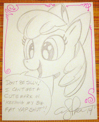 Size: 684x842 | Tagged: safe, artist:andypriceart, apple bloom, earth pony, pony, g4, bust, dialogue, female, filly, monochrome, open mouth, sketch, solo, traditional art